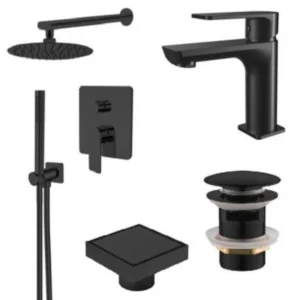 EXCELLENT KERIA BLACK MAT – zestaw promocyjny 06, bateria umywalkowa i natynkowy zestaw prysznicowy, czarny mat